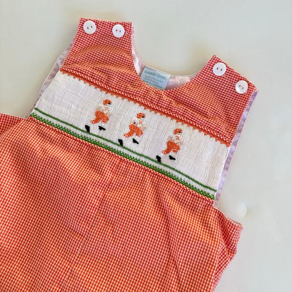 Remember Nguyen Orange Gingham Check Smocked Football Shortall -12M - Picture 2 of 6